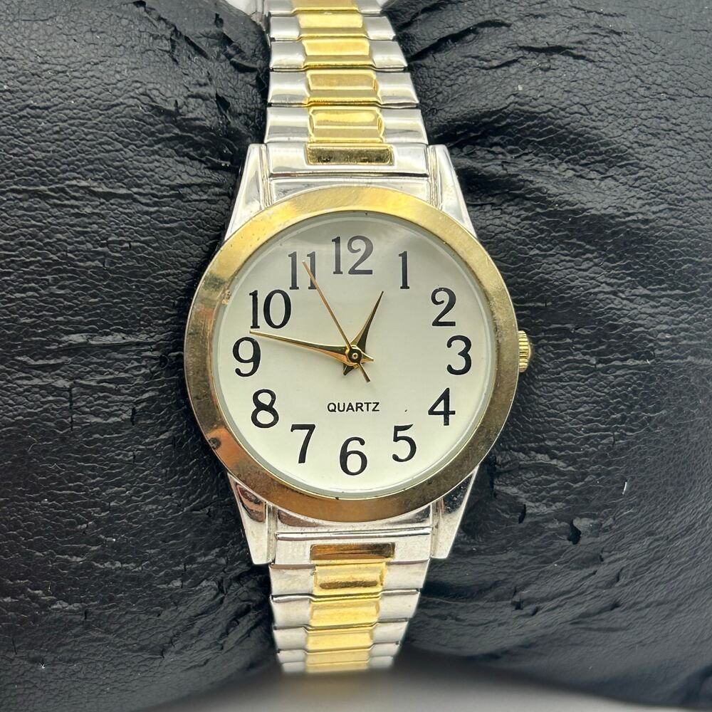 Vintage Two Tone Gold Silver Stainless Steel Stretch Band Quartz Watch Working